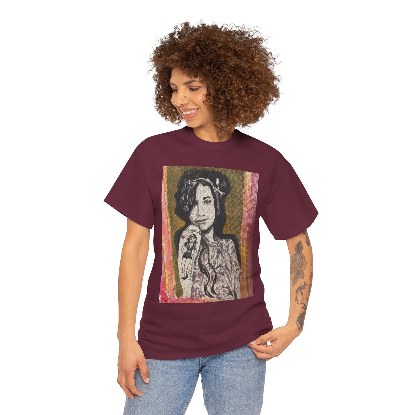 Camden Queen Amy W. Portrait Art Tee — Watercolor Painted Amy W. Hand-Drawn Tattooed Woman Graphic T-Shirt