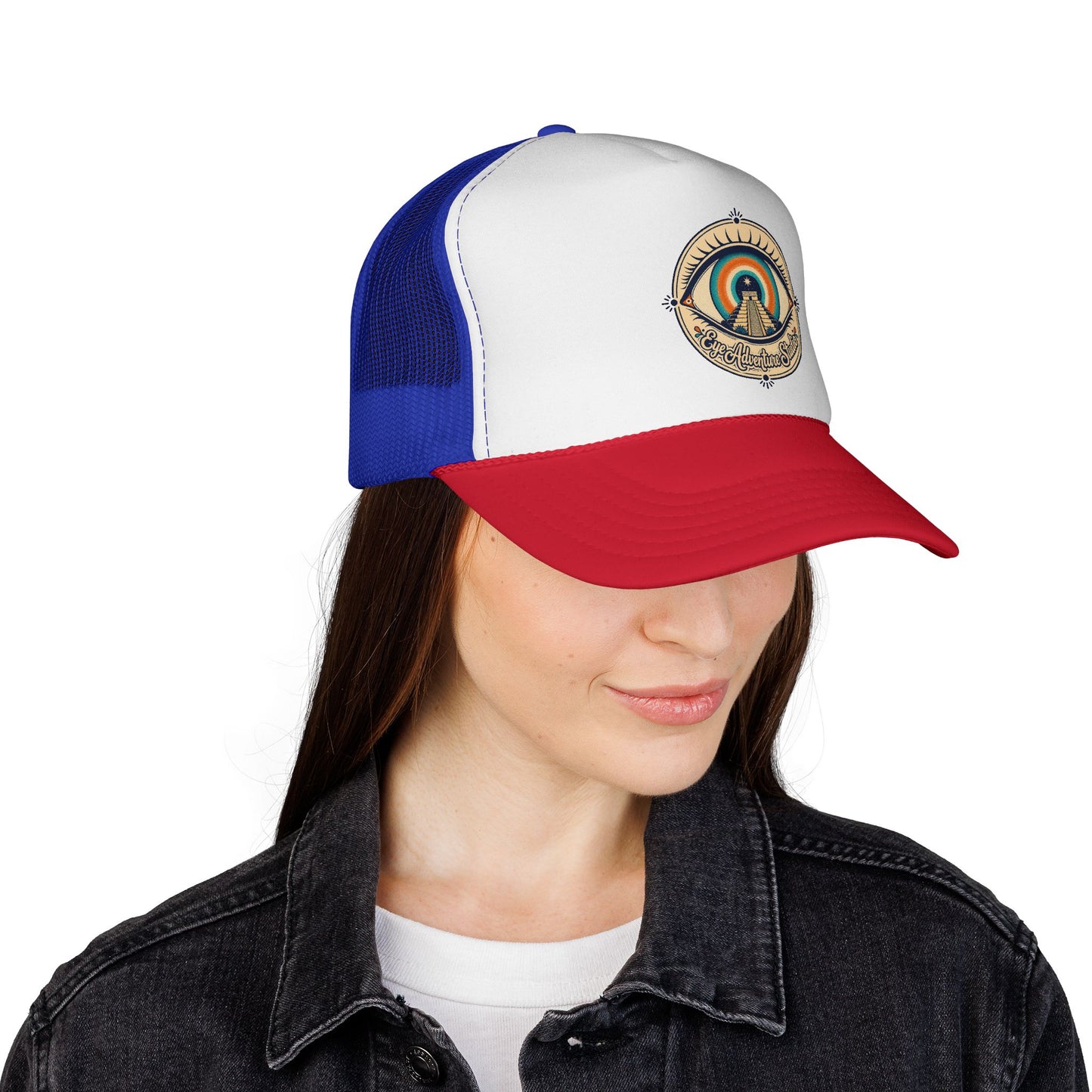 Eye Adventure Studio “Eye of the feminine creator” Eye Graphic Trucker Cap — Monochrome Vintage Eye Illustration Hat