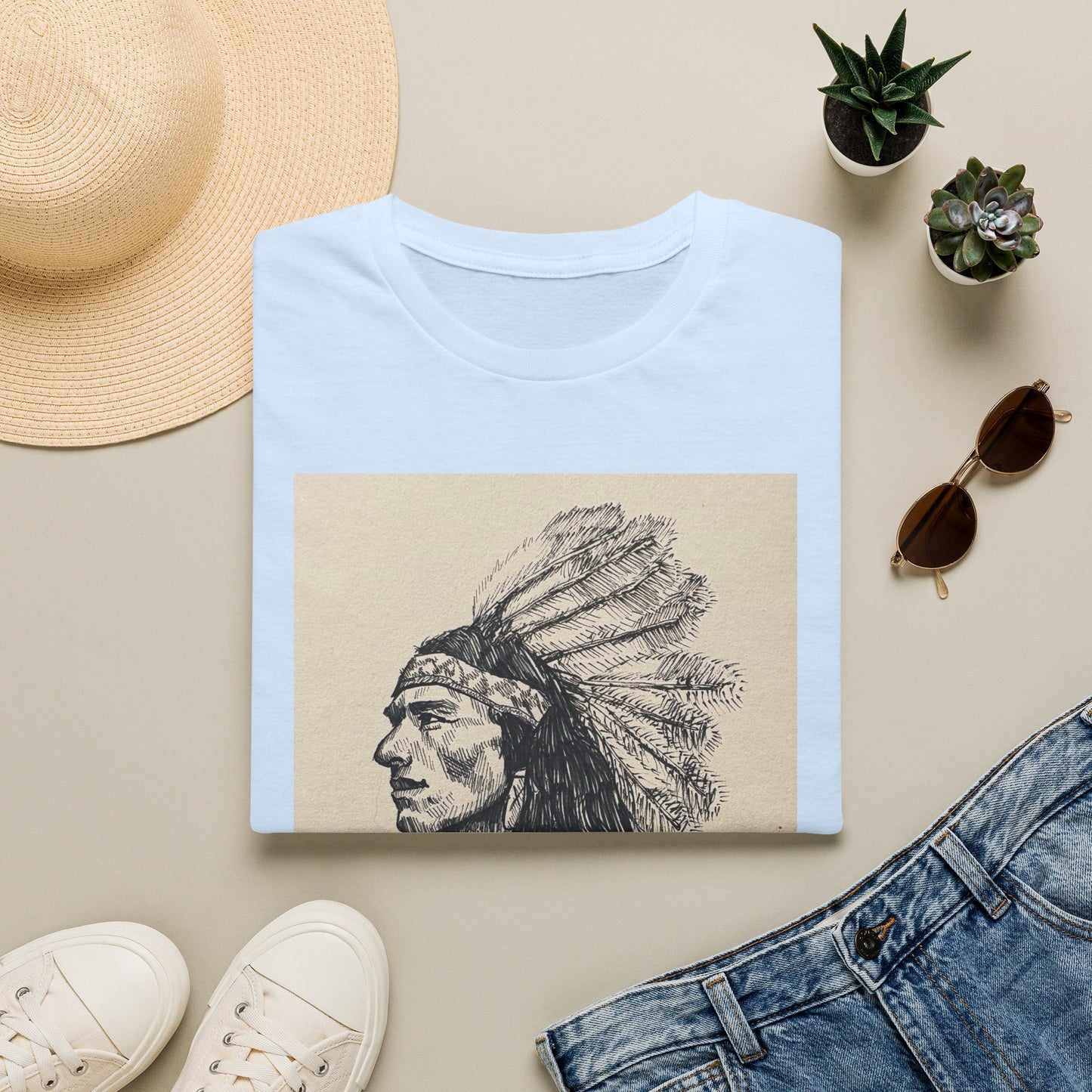 Native Chief Sketch T-Shirt — Vintage Headdress Portrait Tee