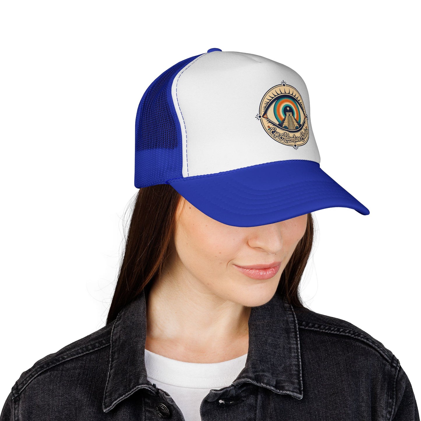 Eye Adventure Studio “Eye of the feminine creator” Eye Graphic Trucker Cap — Monochrome Vintage Eye Illustration Hat