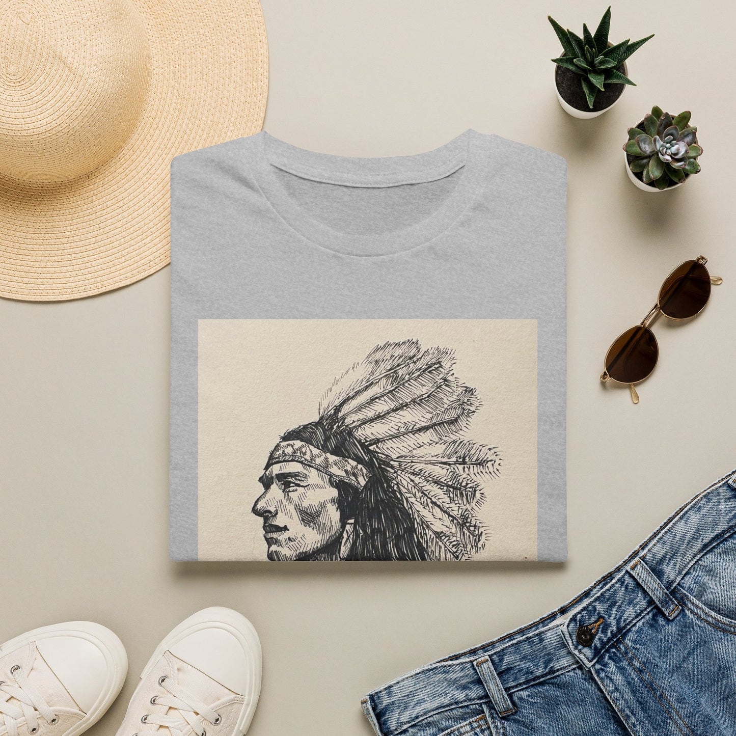Native Chief Sketch T-Shirt — Vintage Headdress Portrait Tee