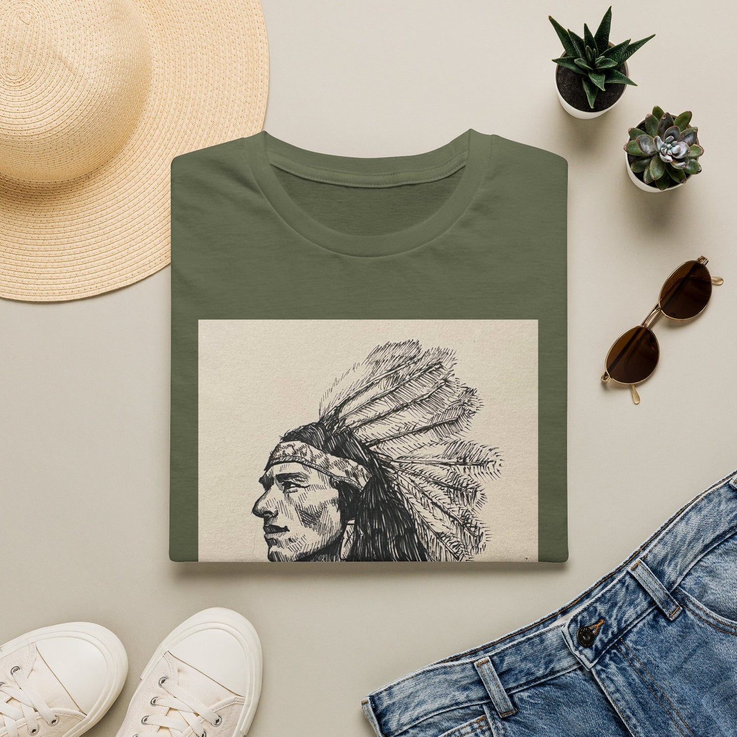 Native Chief Sketch T-Shirt — Vintage Headdress Portrait Tee