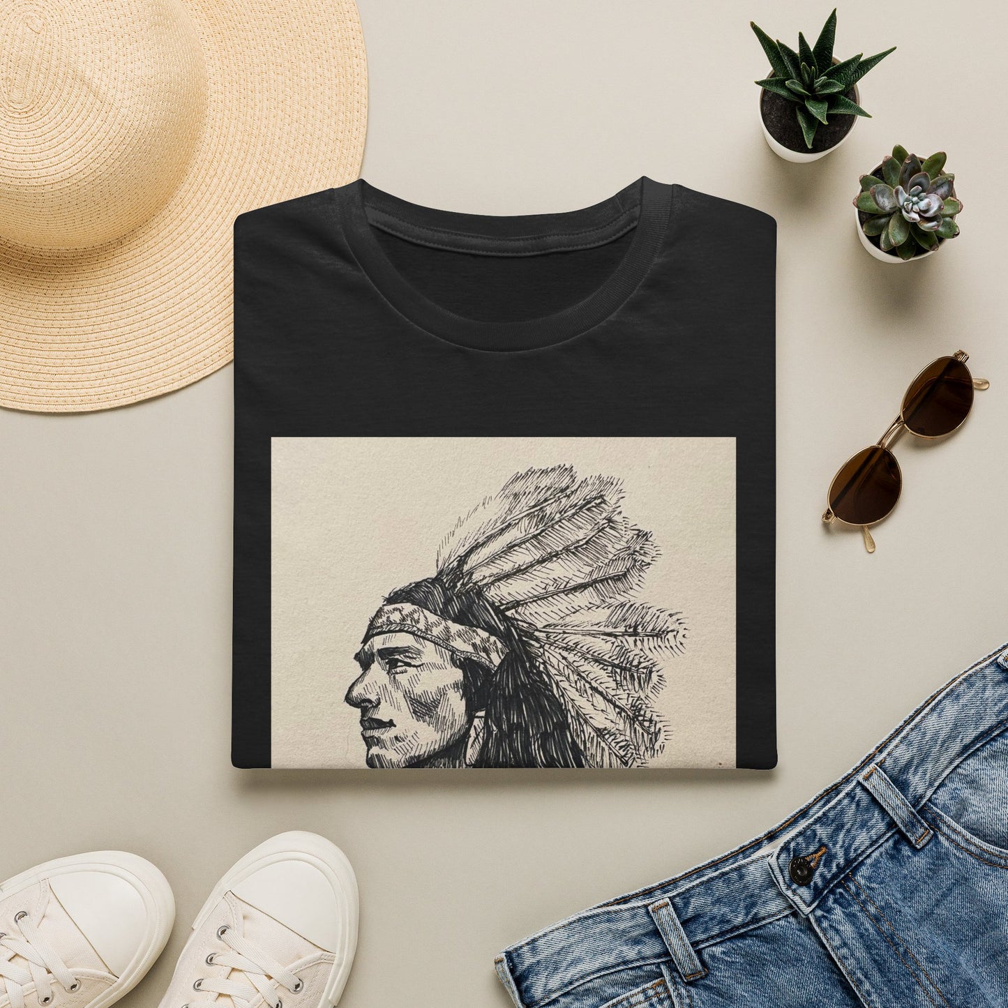 Native Chief Sketch T-Shirt — Vintage Headdress Portrait Tee