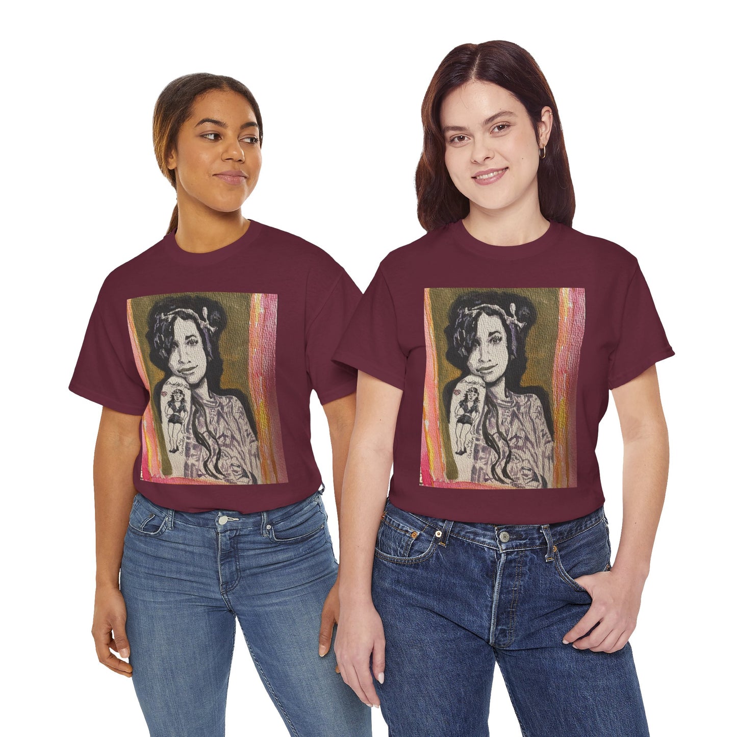 Camden Queen Amy W. Portrait Art Tee — Watercolor Painted Amy W. Hand-Drawn Tattooed Woman Graphic T-Shirt