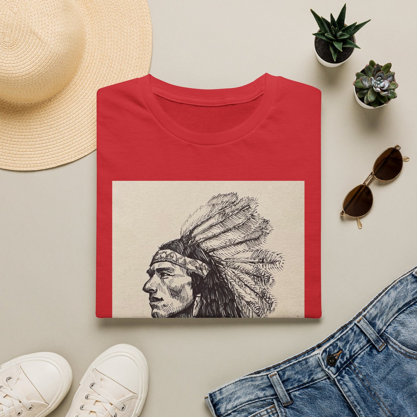 Native Chief Sketch T-Shirt — Vintage Headdress Portrait Tee
