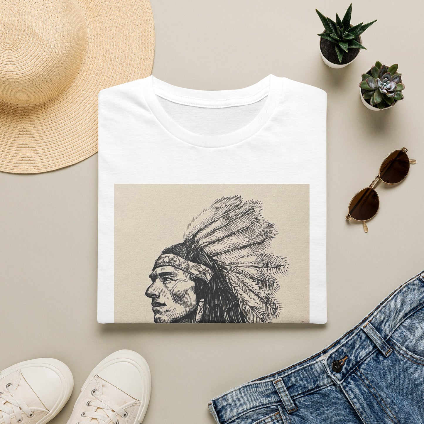 Native Chief Sketch T-Shirt — Vintage Headdress Portrait Tee
