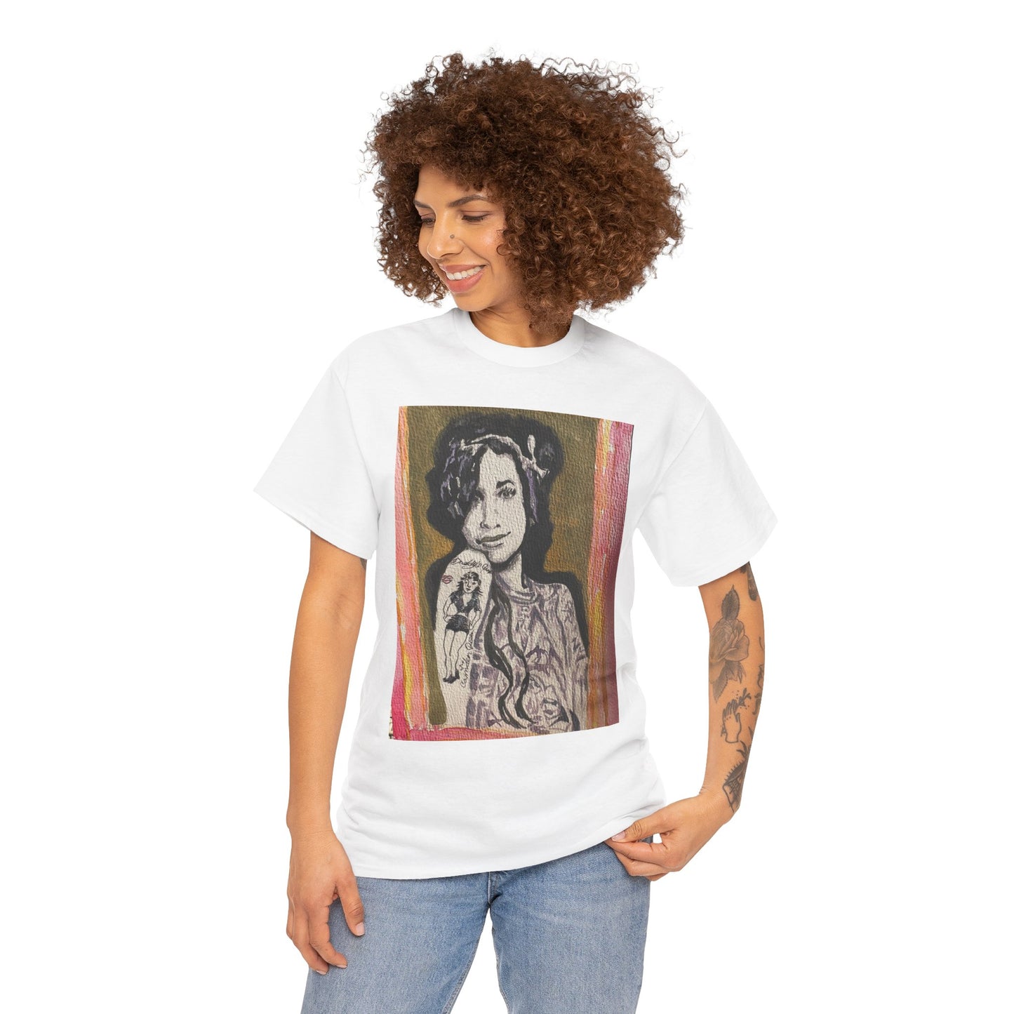 Camden Queen Amy W. Portrait Art Tee — Watercolor Painted Amy W. Hand-Drawn Tattooed Woman Graphic T-Shirt