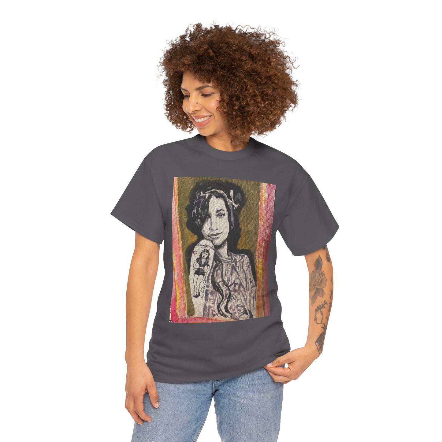 Camden Queen Amy W. Portrait Art Tee — Watercolor Painted Amy W. Hand-Drawn Tattooed Woman Graphic T-Shirt