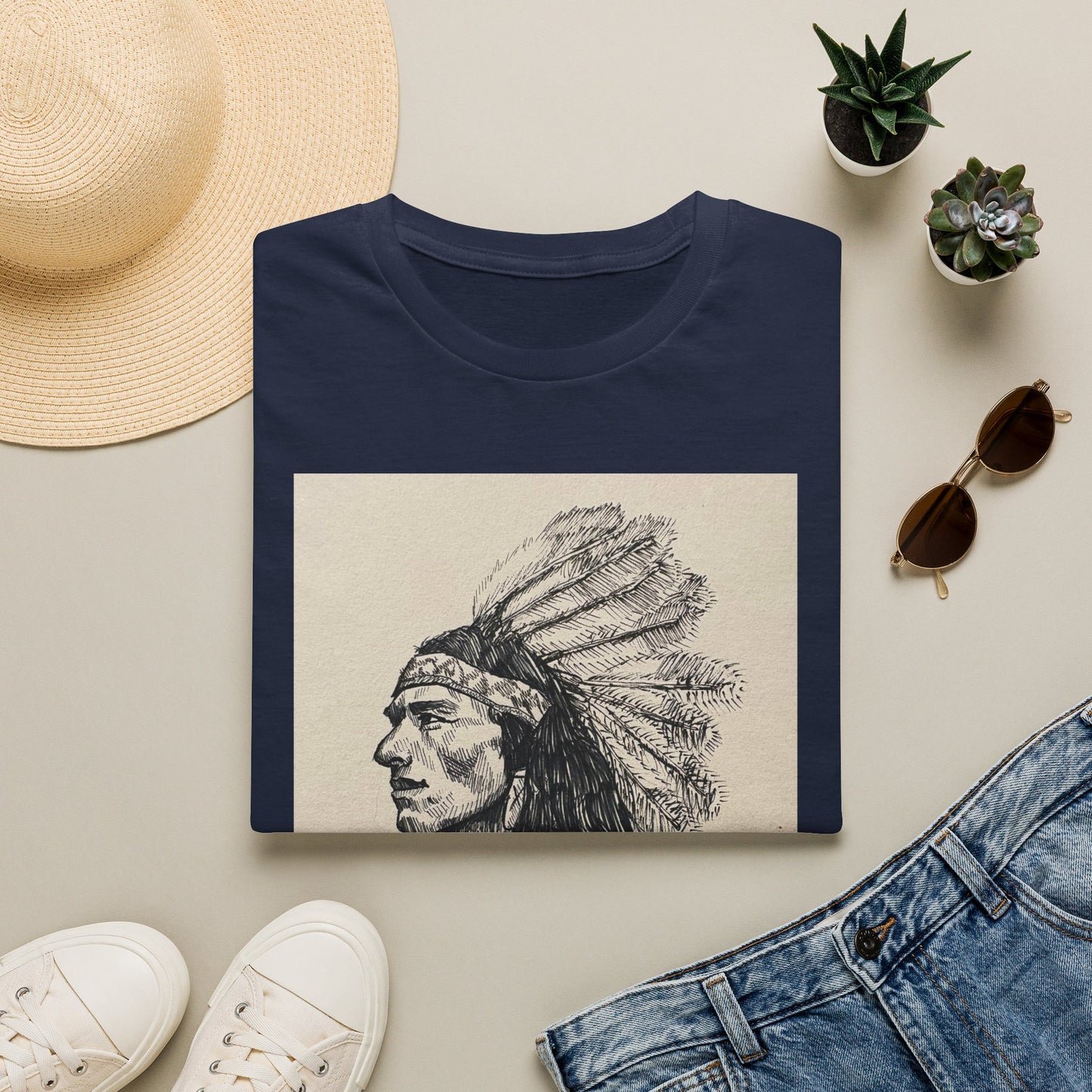 Native Chief Sketch T-Shirt — Vintage Headdress Portrait Tee