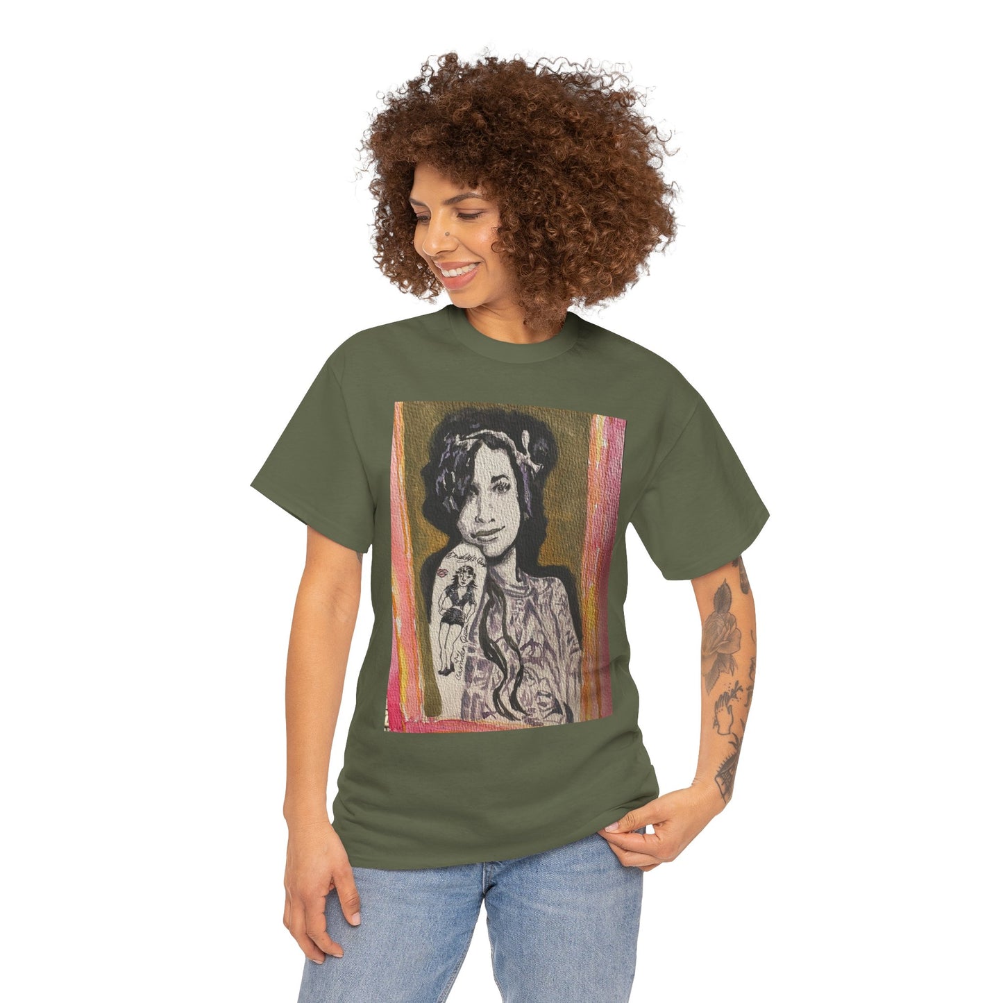 Camden Queen Amy W. Portrait Art Tee — Watercolor Painted Amy W. Hand-Drawn Tattooed Woman Graphic T-Shirt