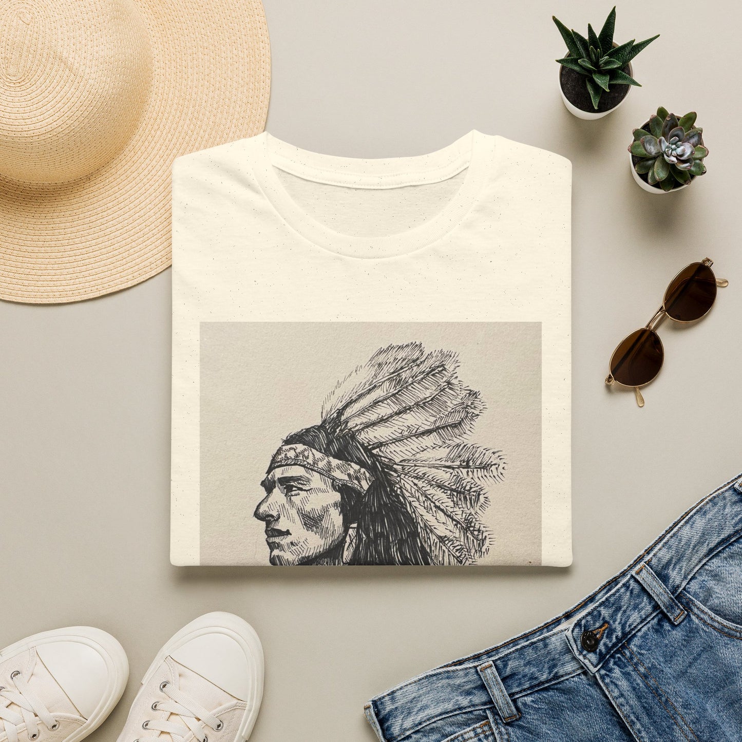 Native Chief Sketch T-Shirt — Vintage Headdress Portrait Tee