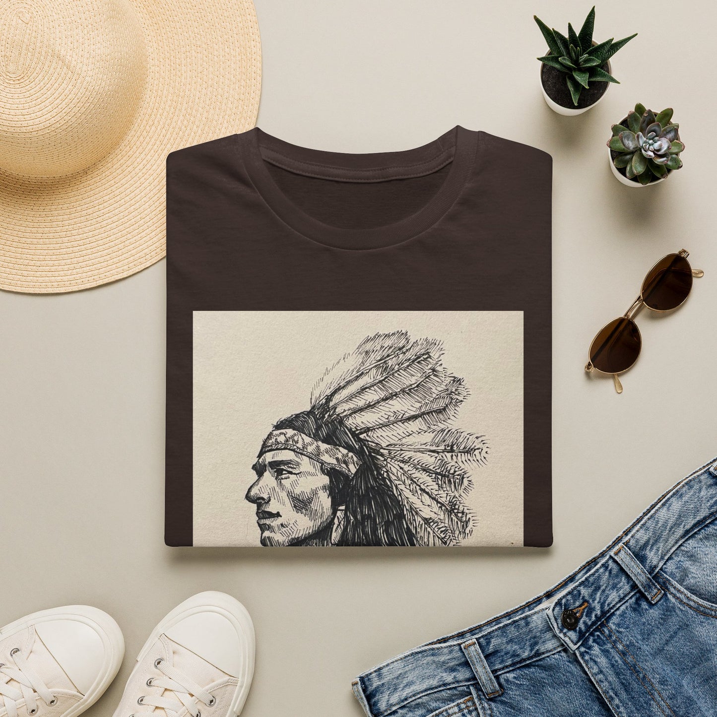 Native Chief Sketch T-Shirt — Vintage Headdress Portrait Tee