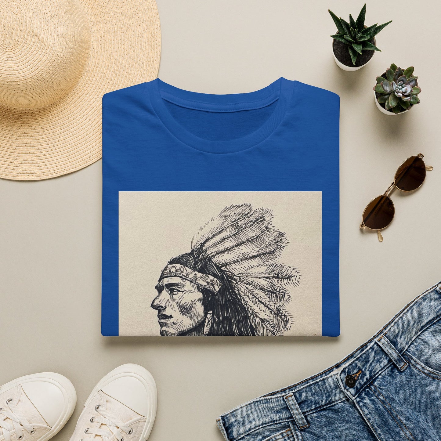 Native Chief Sketch T-Shirt — Vintage Headdress Portrait Tee