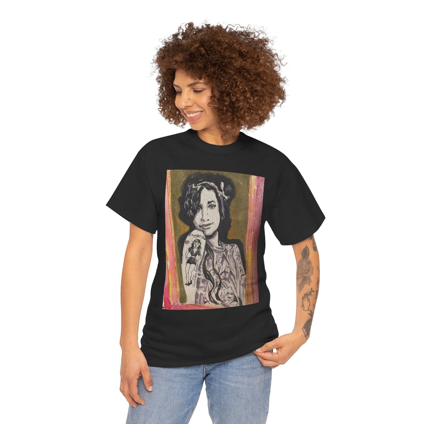 Camden Queen Amy W. Portrait Art Tee — Watercolor Painted Amy W. Hand-Drawn Tattooed Woman Graphic T-Shirt