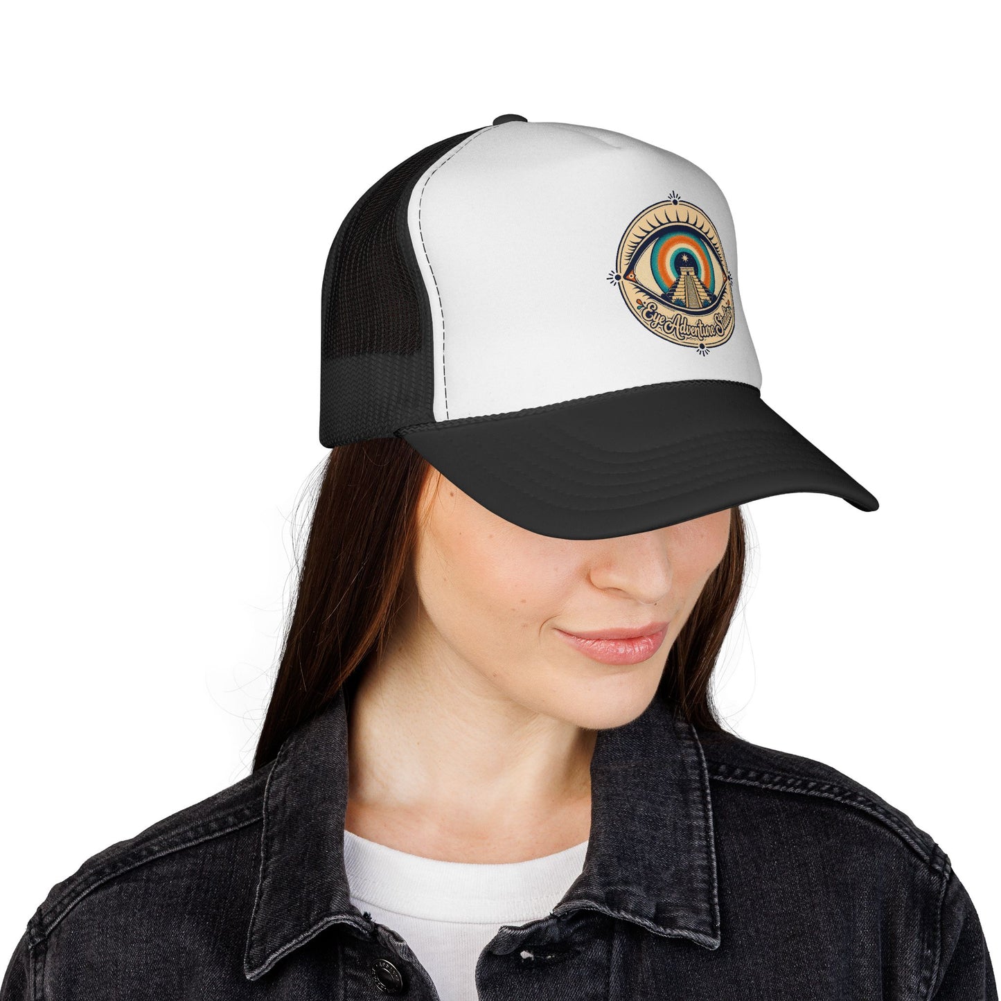 Eye Adventure Studio “Eye of the feminine creator” Eye Graphic Trucker Cap — Monochrome Vintage Eye Illustration Hat