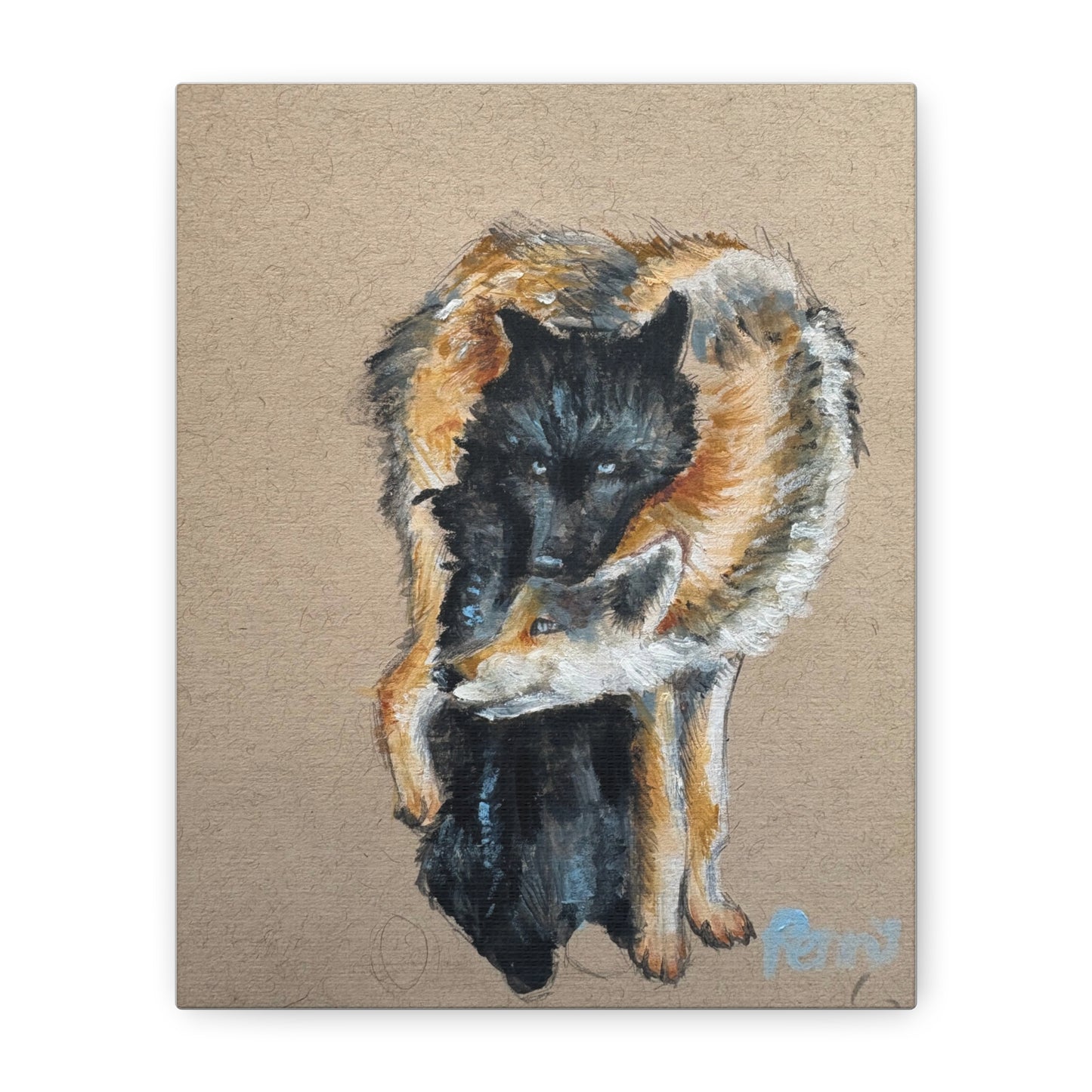Wolves Embrace Matte Canvas Art - Stretched Wall Print Title" Sharing Everything Together"